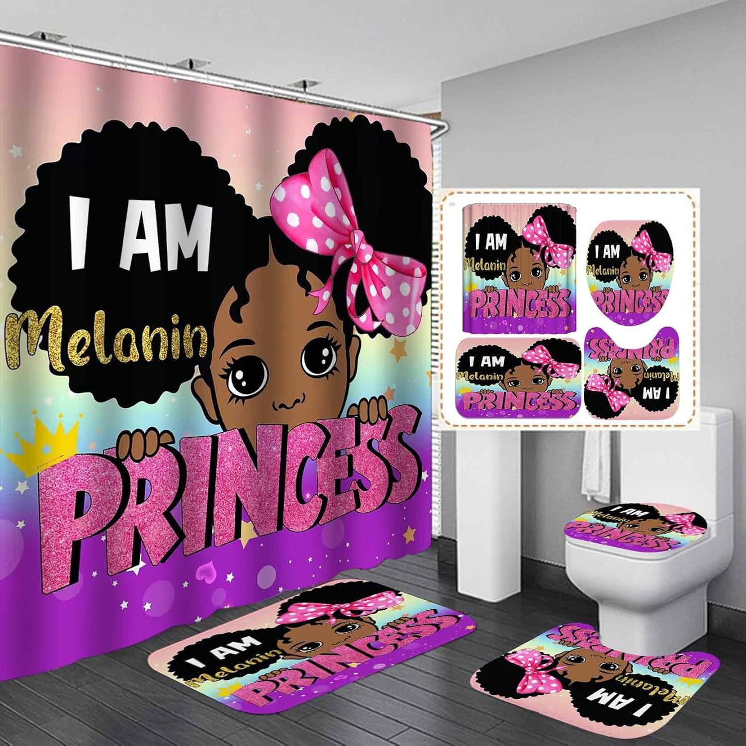 4PCS Black Girl Magic Shower Curtain Set, Cute Princess African American Girl Pink Bathroom Decor for Girls Kids Teens, Inspirational Gifts for Women, Non-Slip Bath Mats Toilet Rugs