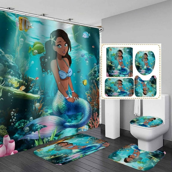 4PCS Black Girl Mermaid Shower Curtain Sets with Rugs, Waterproof Fabric Shower Curtain, Teal Ocean Colorful Tropical Fish Coral Afro Princess Black Woman African American Kids Bathroom Decor