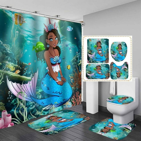 4PCS Black Girl Mermaid Shower Curtain Sets with Rugs, Waterproof Fabric Shower Curtain, Teal Ocean Colorful Tropical Fish Coral Afro Princess Black Woman African American Kids Bathroom Decor