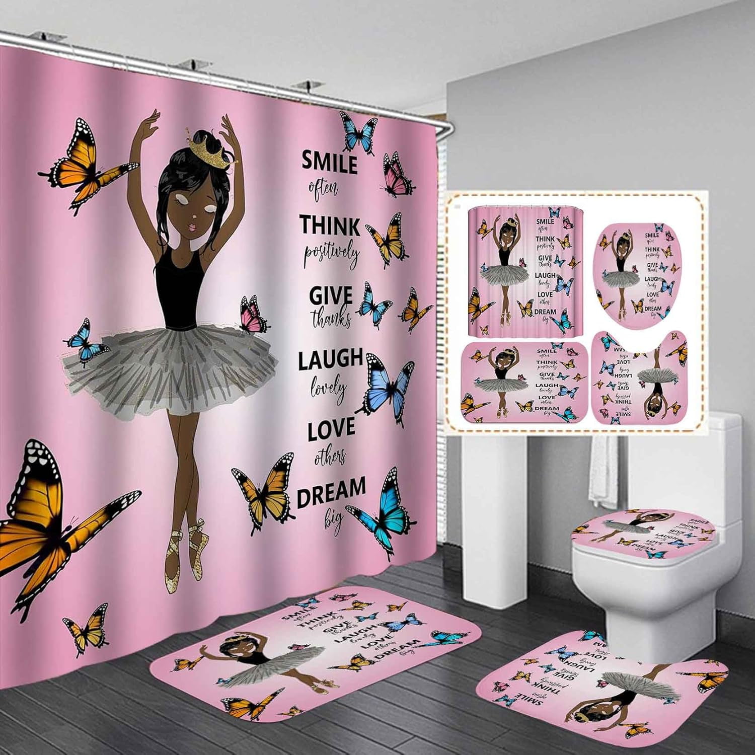 4PCS Black Girl Shower Curtain Set, Gold Glitter Inspirational