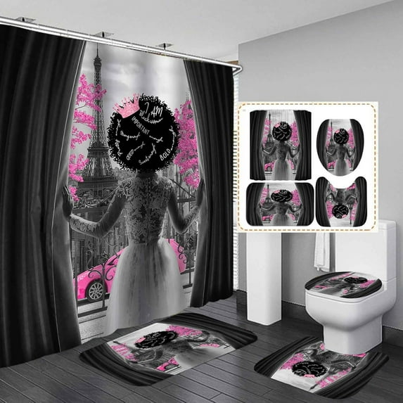 4PCS Black Girl Shower Curtain Set, Purple Galaxy Butterfly Gold Glitter Positive Afro Black Woman African American Bathroom Decor, Waterproof Fabric Shower Curtain, Non-slip Bath Mat