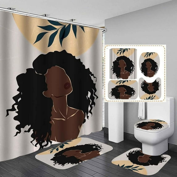 4PCS Black Girl Shower Curtain Set, Sunflower Inspirational Afro Melanin Queen Black Woman African American Bathroom Decor, Waterproof Fabric Black Shower Curtain, Non-slip Bath Mat