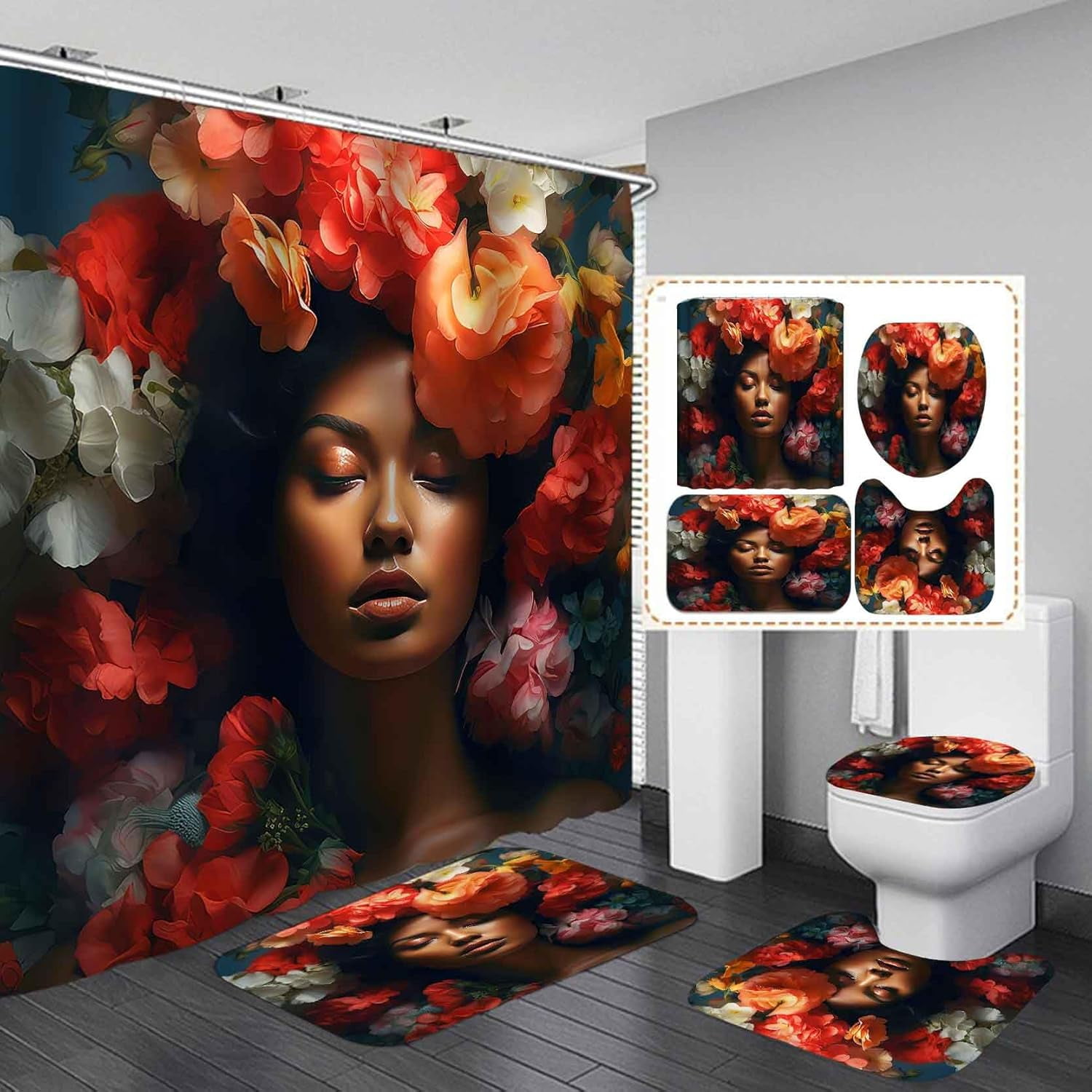 4PCS Black Mermaid Shower Curtain Set, Colorful Mermaid Tail Afro Black