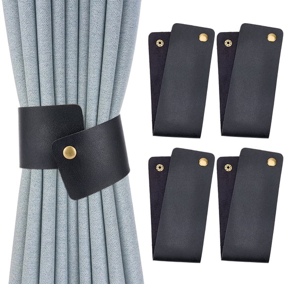 4PCS Black PU Leather Curtain Tie Backs Vintage Style Drapery Rope Tiebacks Elegant Leather Window Treatment Holdback Retro Curtain Buckle with Snap for Home Living Room Bedroom Office DIY