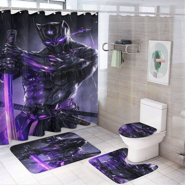 4PCS Black Panther Shower Curtain Sets Bathroom Decor Sets with Rug