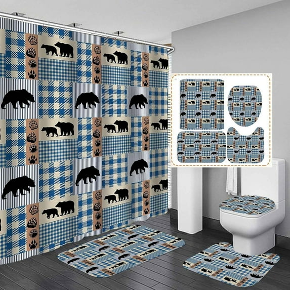 4PCS Black Rustic Deer Moose Elk Bear Fabric Plaid Shower Curtain Set, Country Farmhouse Pine Tree Wooden Board Barn Lodge Wild Animal Decor, Non-slip Bathroom Mat Bath Rugs