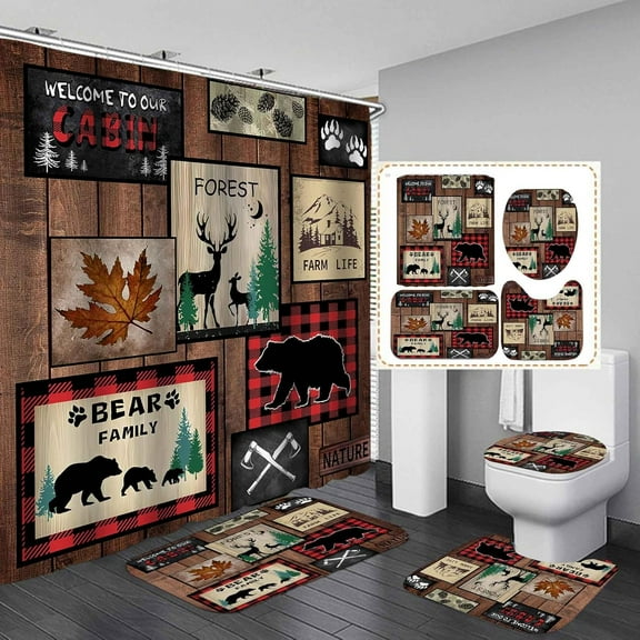 4PCS Black Rustic Deer Moose Elk Bear Fabric Plaid Shower Curtain Set, Country Farmhouse Pine Tree Wooden Board Barn Lodge Wild Animal Decor, Non-slip Bathroom Mat Bath Rugs