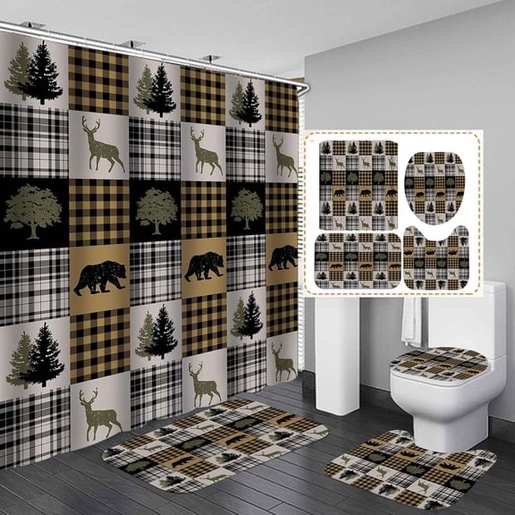4PCS Black Rustic Deer Moose Elk Bear Fabric Plaid Shower Curtain Set, Country Farmhouse Pine Tree Wooden Board Barn Lodge Wild Animal Decor, Non-slip Bathroom Mat Bath Rugs