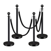 4PCS Black Stainless Steel Stanchions with 3PCS 5FT Velvet Ropes - Waterproof Crowd Control Barriers, Red Carpet Poles for Events, Weddings & VIP Sections