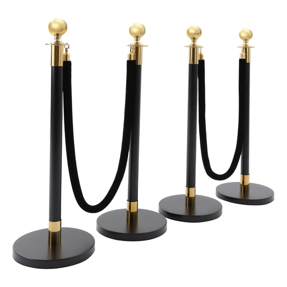4PCS Black Stanchions Posts, Velvet Rope Stanchion Set, Stainless Steel Queue Line Divider with Ball Top and 2PCS 5 ft Black Velvet Rope for Party Wedding Theaters Red Carpet (Gold)