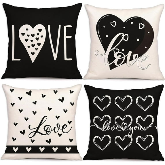 4PCS Black Valentine’s Day Throw Pillow Case Decorations - Valentine Linen Cushion Cover 18 x 18 Inches Gift Decor for Sofa Couch