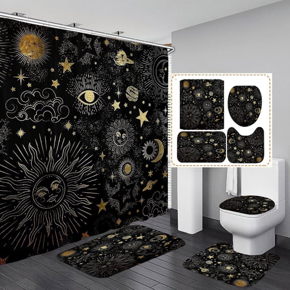 4PCS Black and White Snake Shower Curtain Set, Boho Mysterious Moon Phase Starry Sky Wildflower Botanical Gothic Bathroom Decor, Waterproof Fabric Shower Curtain, Non-Slip Bath Mat