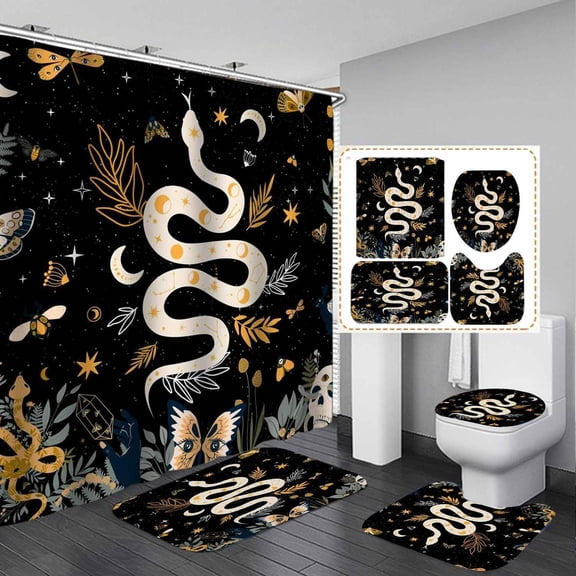 4PCS Black and White Snake Shower Curtain Sets with Rugs, Waterproof Fabric Black Shower Curtain, Galaxy Moon Phase Colorful Wildflower Plant Moth Boho Mysterious Gothic Witchy Bathroom Decor
