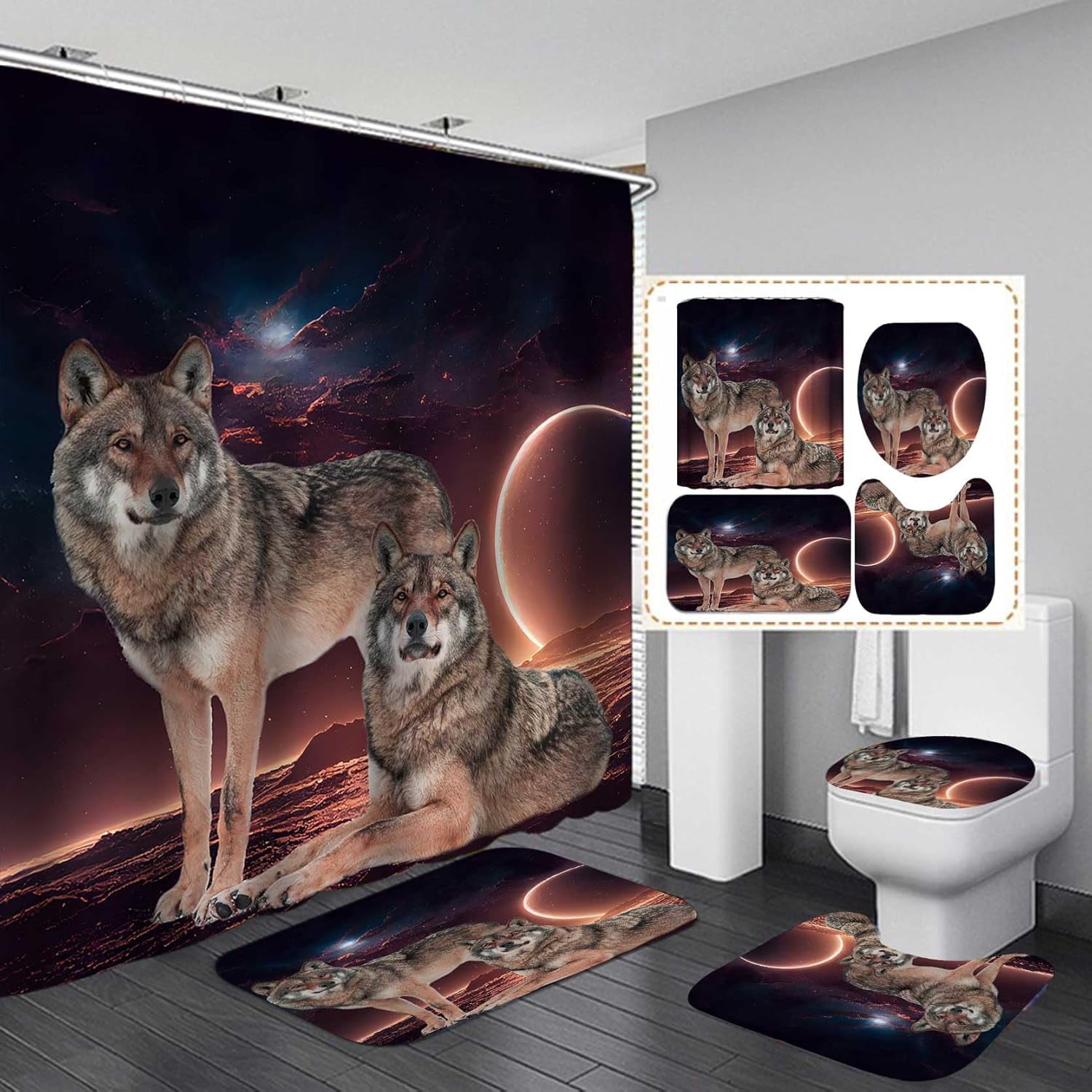 4PCS Black and White Wolf Shower Curtain Set, Winter Pine Tree Forest ...