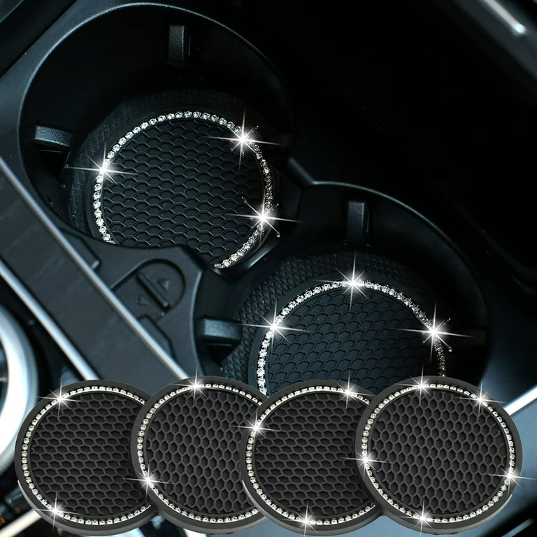 4pcs Bling Car Coasters, Universal Vehicle Bling Car Accessories -2.75 inch Silicone Anti Slip Crystal Rhinestone Cup Holder Coasters for Car (Black