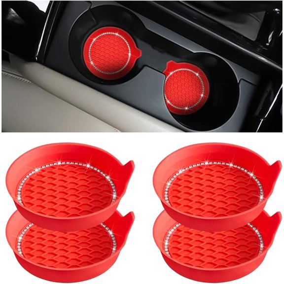 4PCS Bling Car Cup Holder Coaster, Universal Crystal Rhinestone Anti-Slip Cup Holder Insert Coaster, Waterproof Round Shape Auto Drink Mat, Vehicle Interior Accessories for SUV Truck (Red)