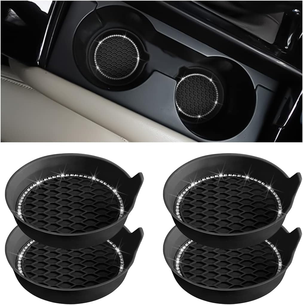 4PCs Car Cup Holder Coasters With American Flag Design - 2.75 Inch Non-Slip PVC Drink Mats For Car, SUV, Truck (Black)
