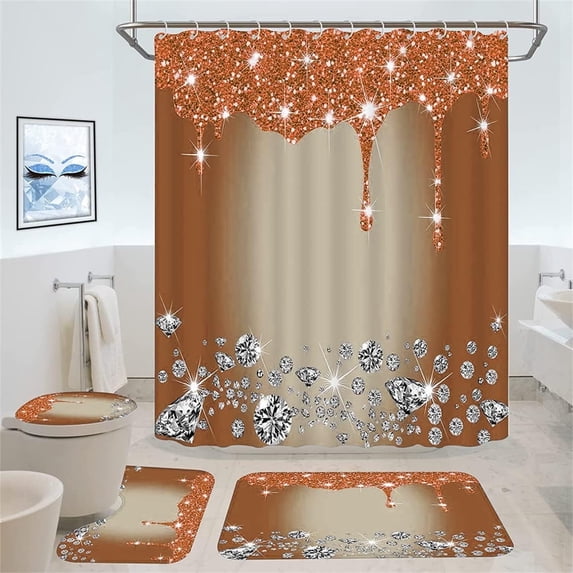 4PCS Bling Diamond Shower Curtain Set with Non-Slip Rugs Toilet Lid Cover and Bath Mat Shower Curtain with 12 Hooks Bathroom Sets with Shower Curtain and Rugs and Accessories