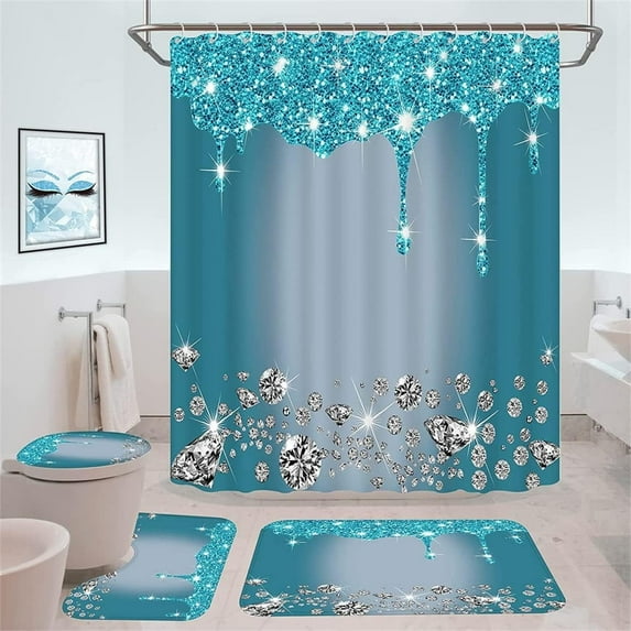 4PCS Bling Diamond Shower Curtain Set with Non-Slip Rugs Toilet Lid Cover and Bath Mat Shower Curtain with 12 Hooks Bathroom Sets with Shower Curtain and Rugs and Accessories
