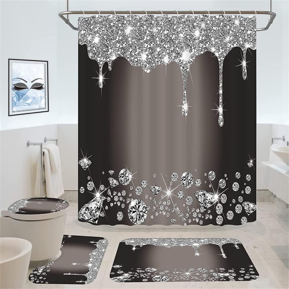 4PCS Bling Diamond Shower Curtain Set with Non-Slip Rugs Toilet Lid Cover and Bath Mat Shower Curtain with 12 Hooks Bathroom Sets with Shower Curtain and Rugs and Accessories