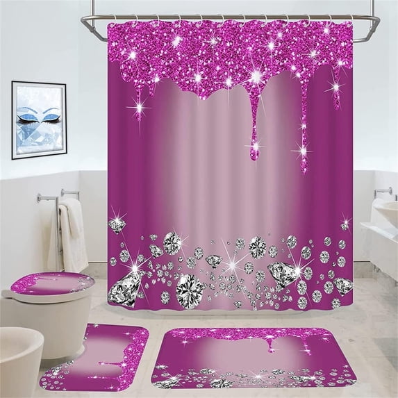 4PCS Bling Diamond Shower Curtain Set with Non-Slip Rugs Toilet Lid Cover and Bath Mat Shower Curtain with 12 Hooks Bathroom Sets with Shower Curtain and Rugs and Accessories