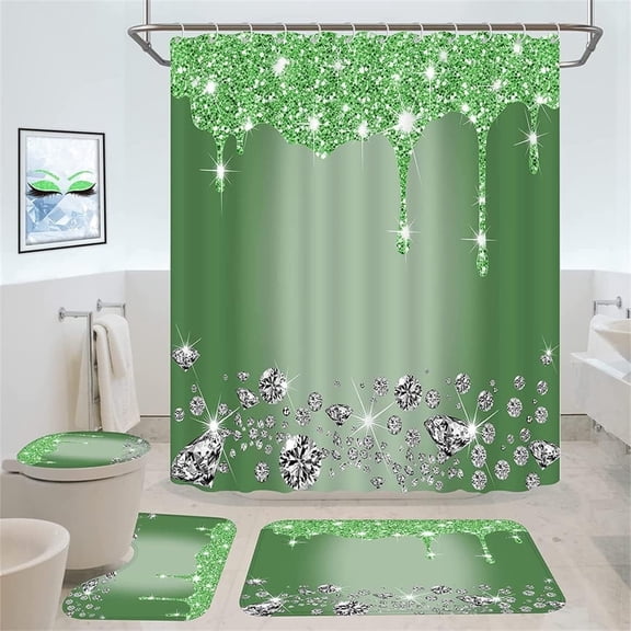 4PCS Bling Diamond Shower Curtain Set with Non-Slip Rugs Toilet Lid Cover and Bath Mat Shower Curtain with 12 Hooks Bathroom Sets with Shower Curtain and Rugs and Accessories