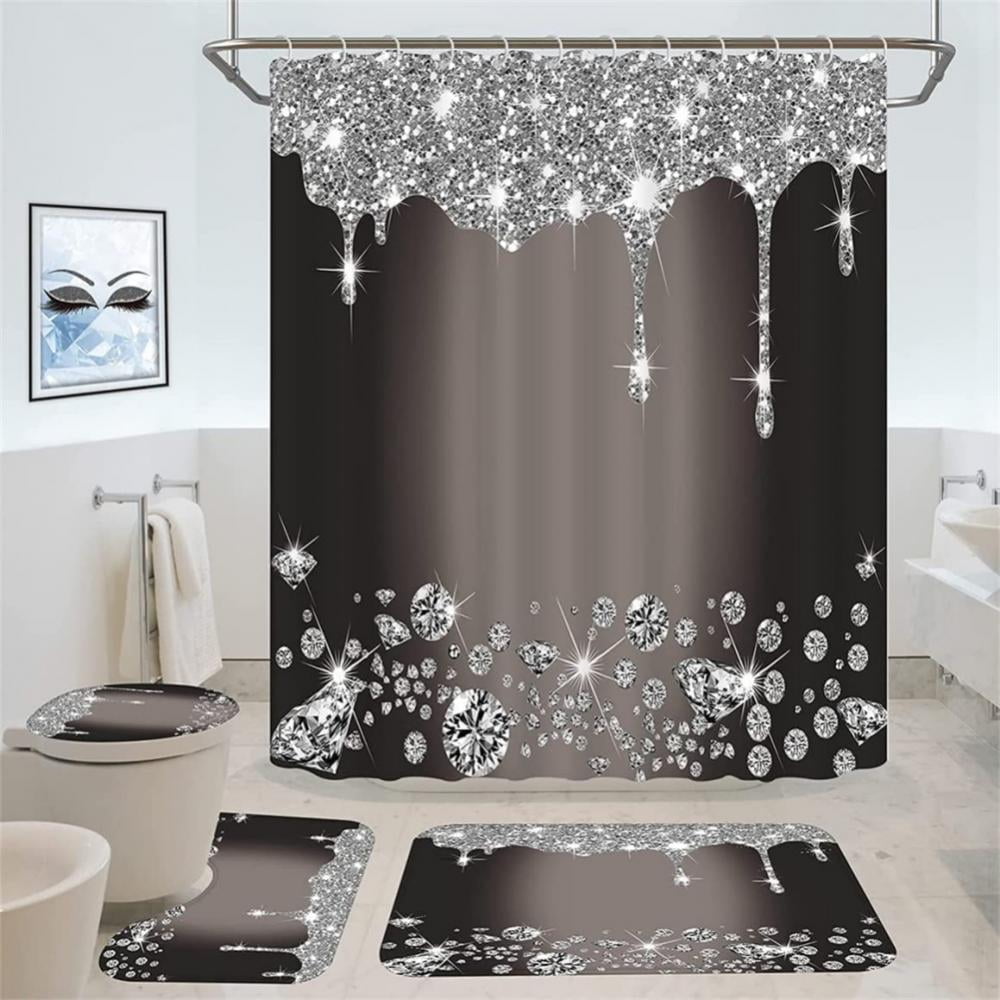 4PCS Bling Diamond Shower Curtain Set with NonSlip Rugs Toilet Lid