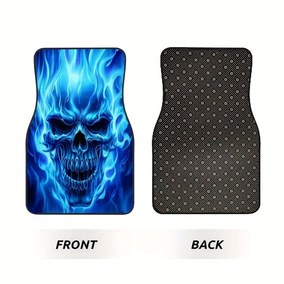4PCS Blue Flame Skull Car Floor Mats, Universal Easy-Clean Auto Foot Mats for Hatchbacks Pickup Trucks SUVs, Durable Interior Liners for Pet Travel