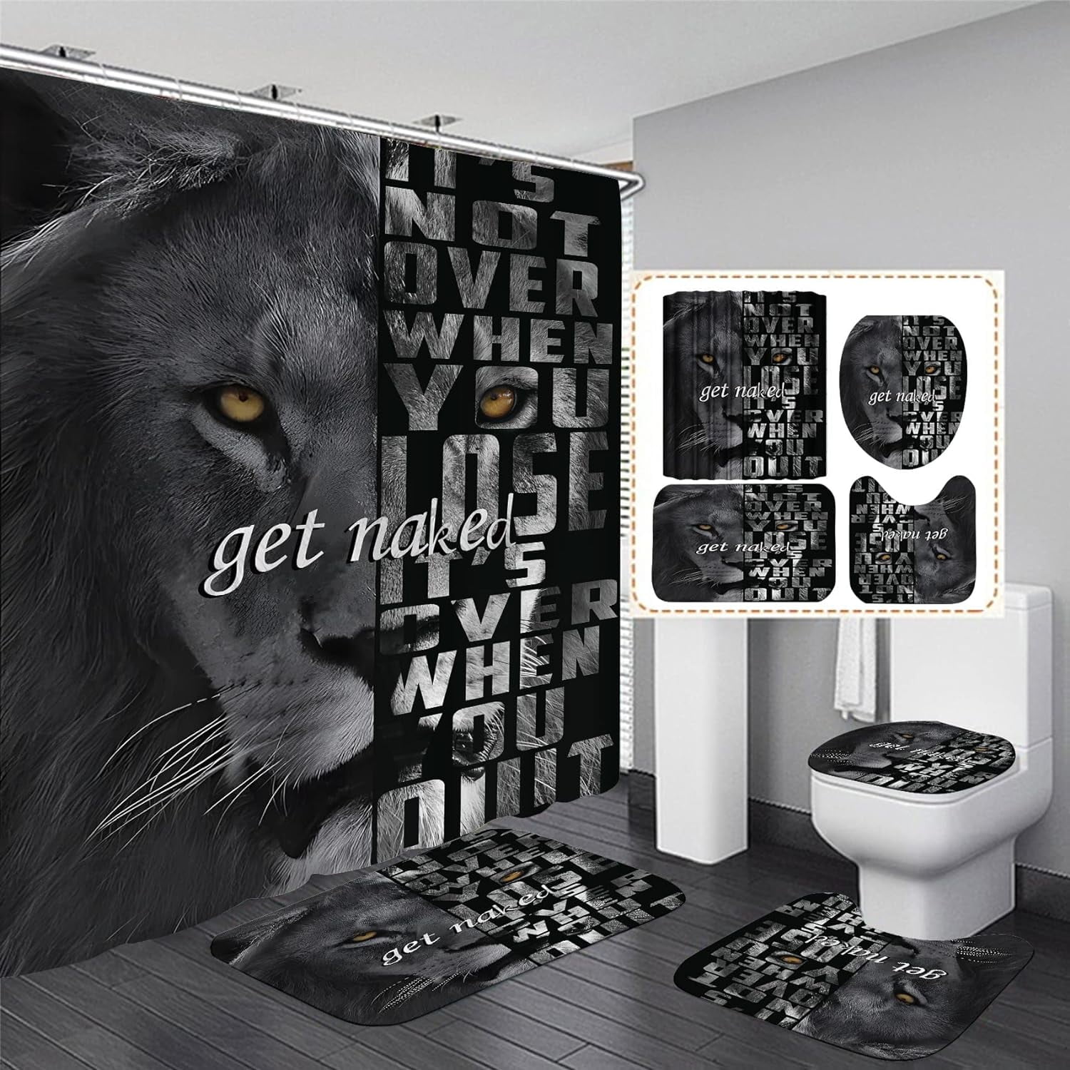 4PCS Lion Insipirational Shower Curtain Set with Rugs, Toilet Lid Cover and Bath Mat, Animal Shower Curtain with 12 Hooks, Complete Bathroom Accessories Decor Set