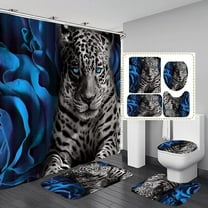 4PCS Blue Rose and Leopard Shower Curtain Bathroom Set with Rugs, Toilet Lid Cover and Bath Mat, Blue Shower Curtain with 12 Hooks, Durable Bathroom Decor Set