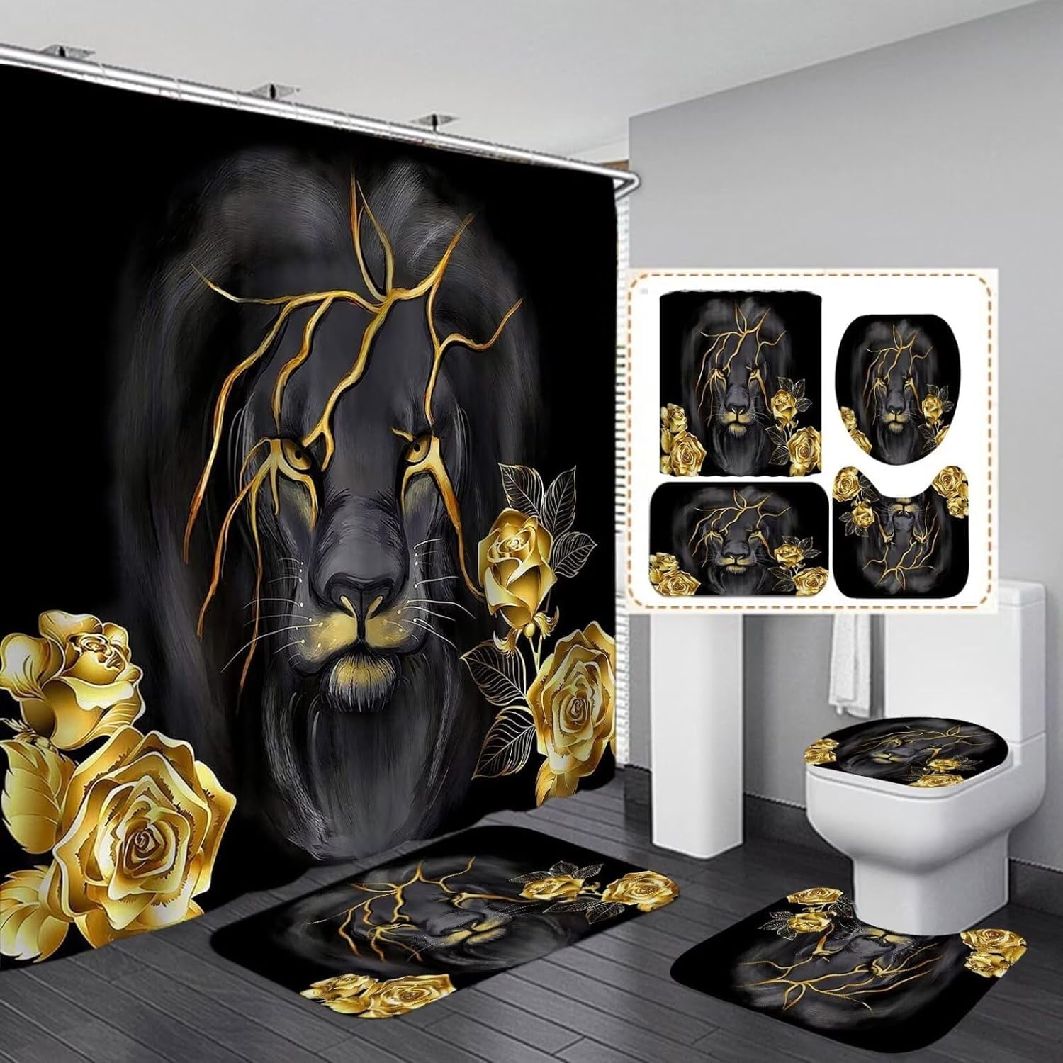 4 PCS Gold Rose and Lion Bathroom Set with Shower Curtain Set with Rugs, Gold Bathroom assessories, Black Lion Shower Curtain