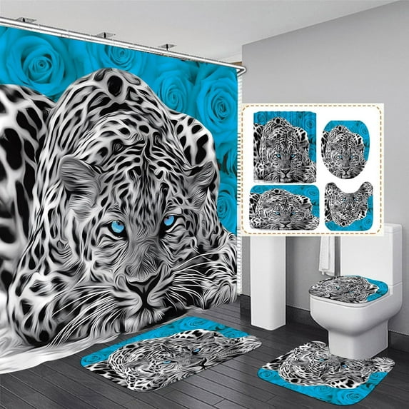 4PCS Teal Rose and Leopard Shower Curtain Set with Rugs,Toilet Lid Cover and Bath Mat, Shower Curtain with 12 Hooks, Complete Bathroom Accessories Bathroom Decor Set