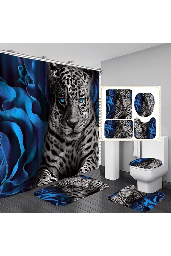4PCS Blue Rose and Leopard Shower Curtain Set with Non-Slip Rugs, Toilet Lid Cover and Bath Mat, Animal Shower Curtain with 12 Hooks, Durable Waterproof Bathroom Decor Set