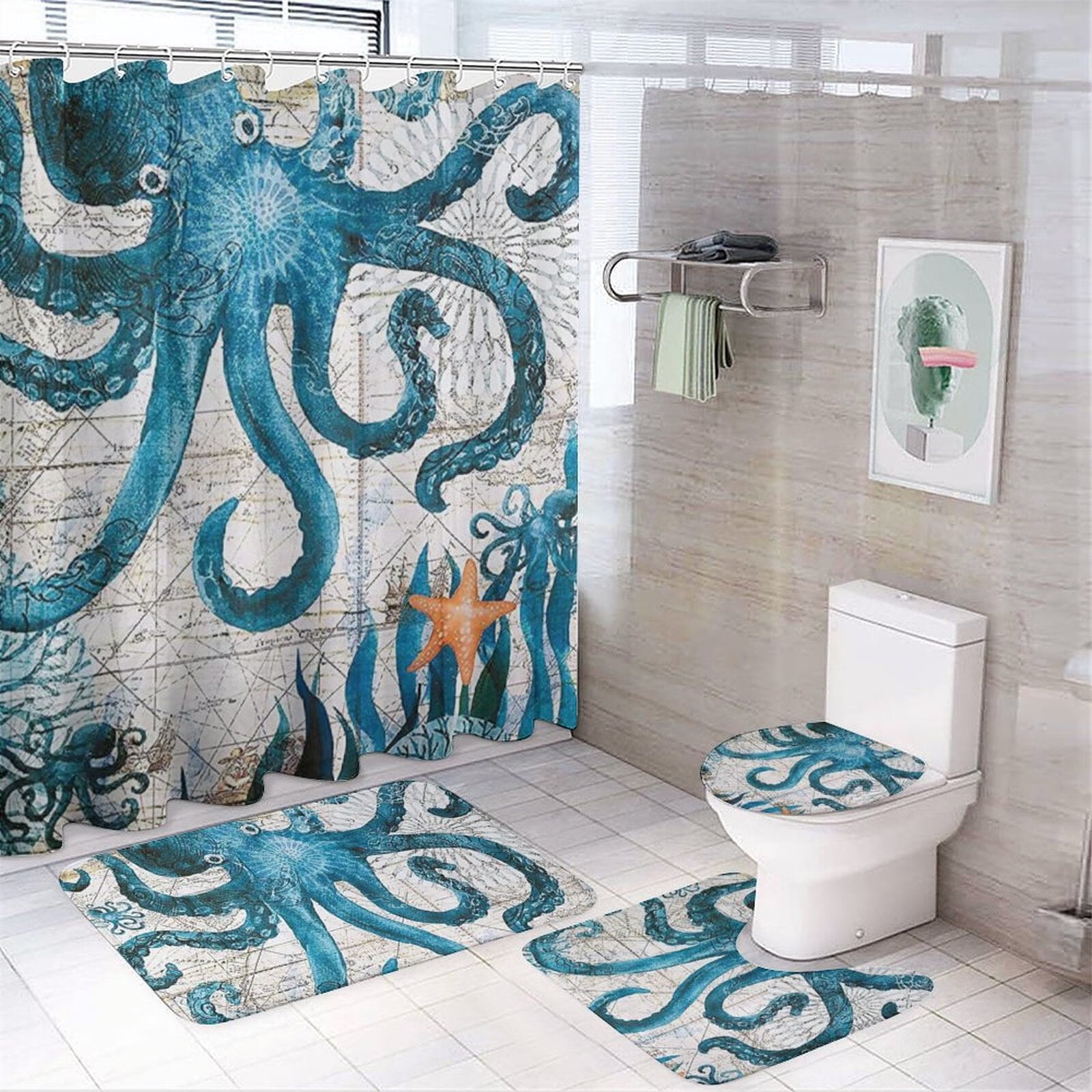 4PCS Blue Sea Bathroom Sets with Shower Curtain and Rugs and