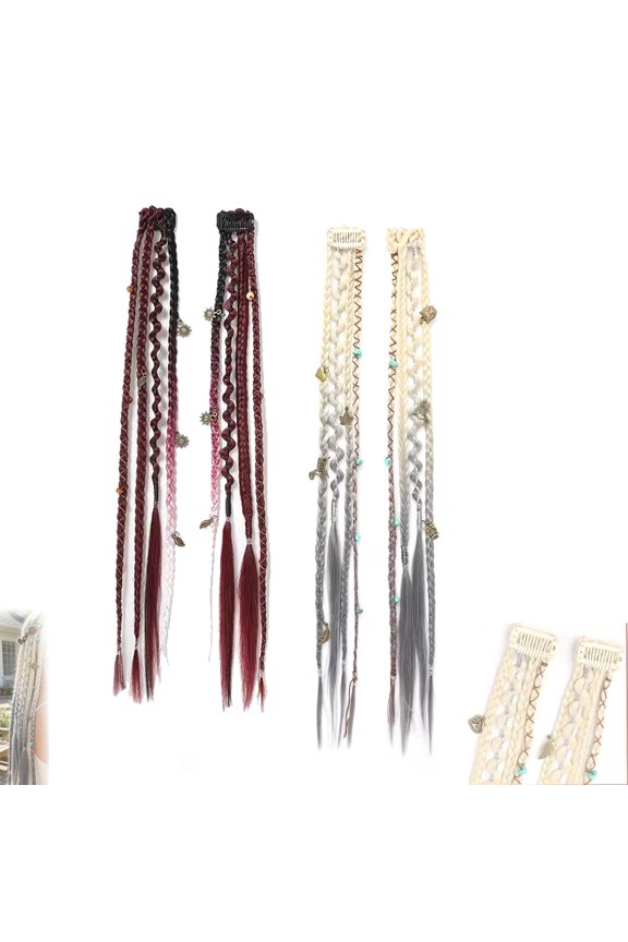 4PCS Boho Beaded Clip-In Braids, 20 Inch Braided Dreadlock Hair Extensions with Beads & Charms, Secure Clip Hair Pieces for Festival Daily Wear Themed Parties