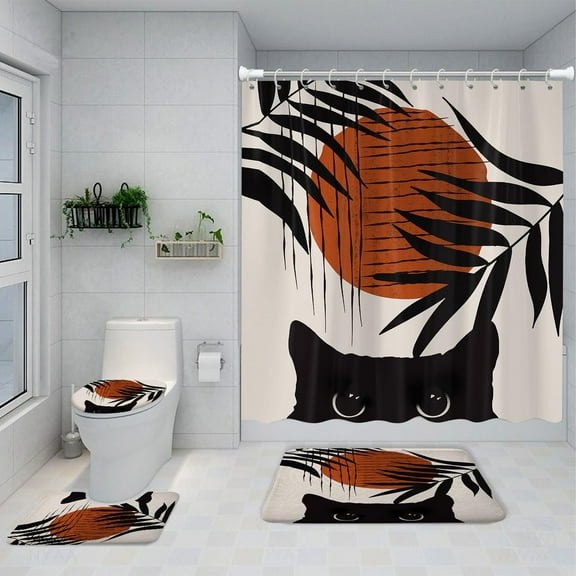 4PCS Boho Black Funny Cat Shower Curtain Set, with Non-Slip Rugs, Toilet Lid Cover and Bath Mat for Bathroom Mid Century Modern Abstract Minimalist Geometric Plant Durable Fabric Waterproof