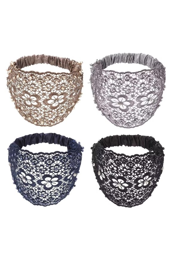 4PCS Boho Chic Crystal and Pearl Headband, Boho-Chic Crystal & Pearl Embellished Wide Headbands for Women
