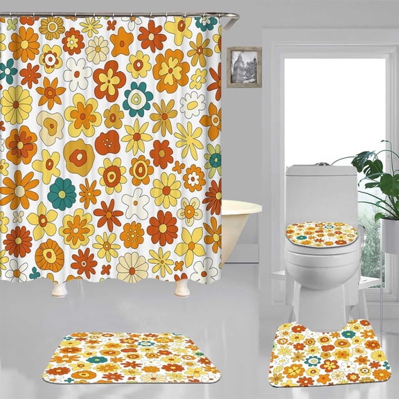 4PCS Boho Floral Shower Curtain Sets with Rugs, Waterproof Fabric White Shower Curtain, Spring Navy Blue Flower Wildflower Green Leaves Plant Botanical Groovy Funky Aesthetic Bathroom Decor