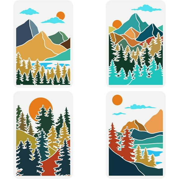 4PCS Boho Forest Mountain Landscape Stencil 11.7x8.3inch Large Natural Scenery Stencil for Wall Floor Decor White