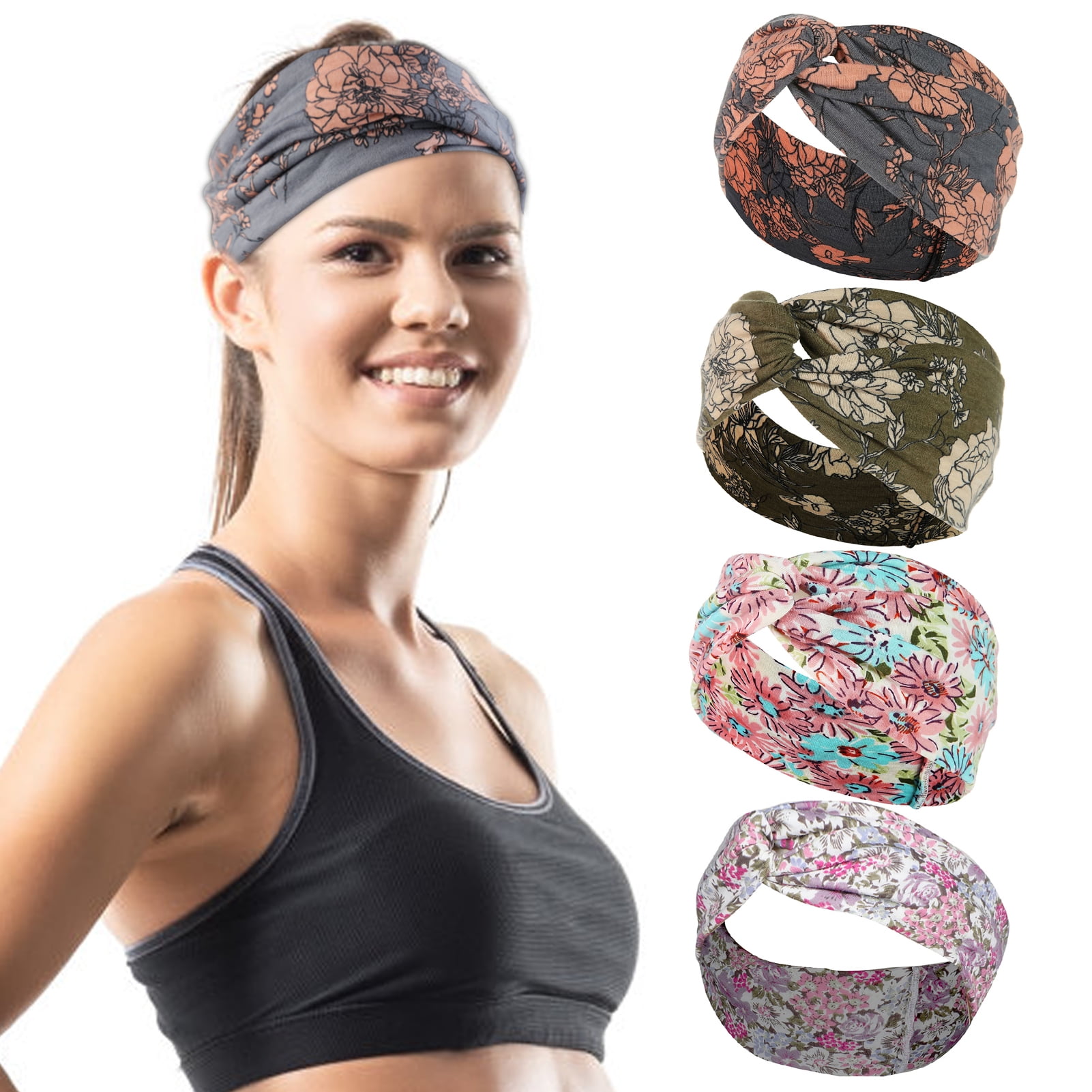 4PCS Boho Headbands for Women Bohemian Flower Printed Yoga Headband Sports Headband Workout