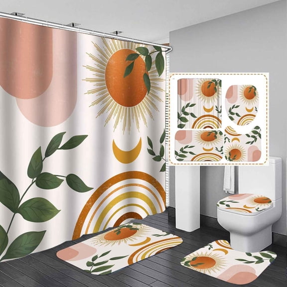 4PCS Boho Mid Century Shower Curtain Sets with Rugs, Waterproof Fabric White Shower Curtain, Orange Sun Moon Rainbow Green Leaves Botanical Abstract Minimalist Aesthetic Modern Bathroom Decor