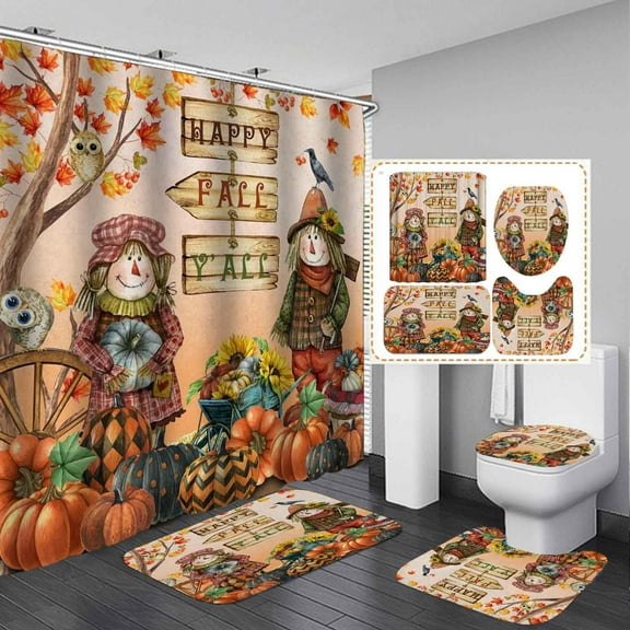 4PCS Boho Rainbow Fall Shower Curtain Set, Waterproof Fabric White Shower Curtain, Non-Slip Bath Mat Bathroom Rugs, Autumn Pumpkin Floral Plant Harvest Thanksgiving Girls Kids Bathroom Decor