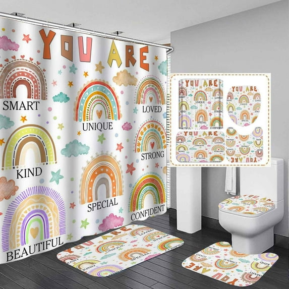 4PCS Boho Rainbow Inspirational Quotes Shower Curtain Sets with Rugs, Waterproof Fabric Shower Curtain, Colorful Positive Motivational Words Abstract Moon Sun Teen Girls Kids Bathroom Decor