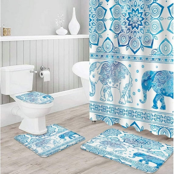 4PCS Boho Stripe Shower Curtain Set with Non-Slip Rugs, Toilet Lid Cover and Bath Mat, Vingtage Shower Curtain with 12 Hooks, Waterproof Bathroom Decor Set