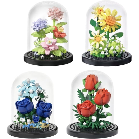 4PCS Bonsai Potted Flowers Micro Bricks Building Set with Dust Cover - Artificial Flowers Botanical Collection, Creative Gift for Friends for Valentine’s Day, New Year and Birthdays