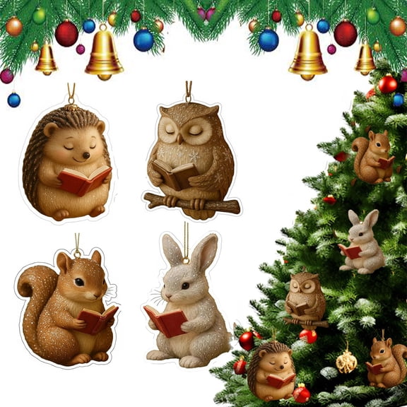4PCS Book Lover Ornaments, 2D Acrylic Animal Reading Charms for Christmas Tree, Librarian Teacher Gift Set, Bookworm Literary Gifts, Cartoon Bear Rabbit Fox Hanging Pendants for Holiday Decor