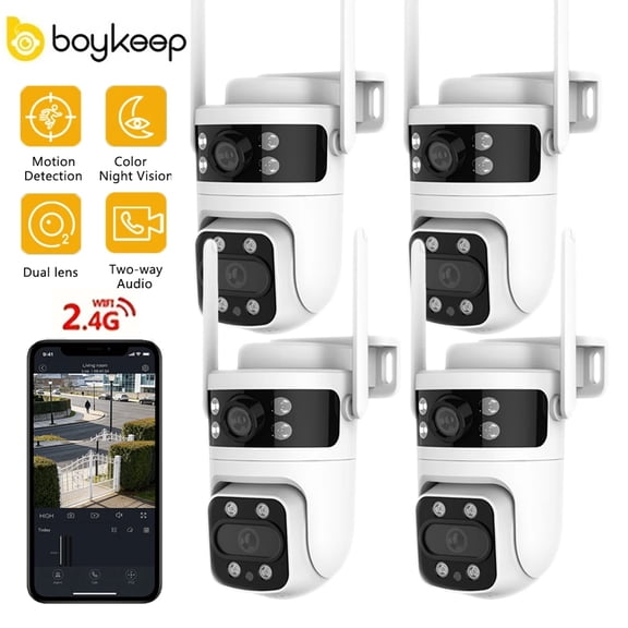 4PCS Boykeep Dual Lens WiFi Smart Security Camera, 1080P PTZ Home Camera with Color Night Vision & 2-Way Audio