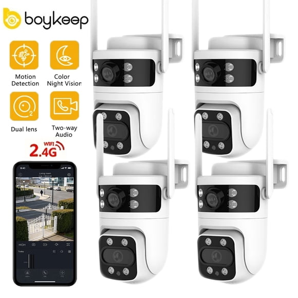 4PCS Boykeep Dual Lens WiFi Smart Security Camera, 1080P PTZ Home Camera with Color Night Vision & 2-Way Audio