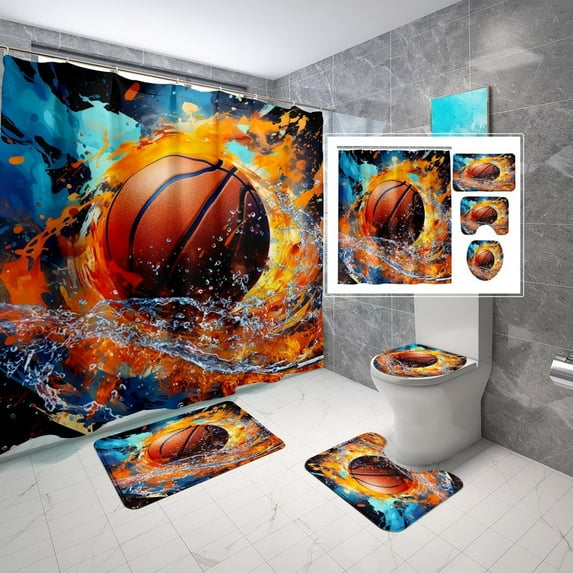4PCS Boys Shower Curtain Set - Basketball Shower Curtain - Sports Shower Curtain Sets with Bath Rugs Toilet Lid Cover and 12 Hooks Basketball Bathroom Decor, Blue, 70" x 70"