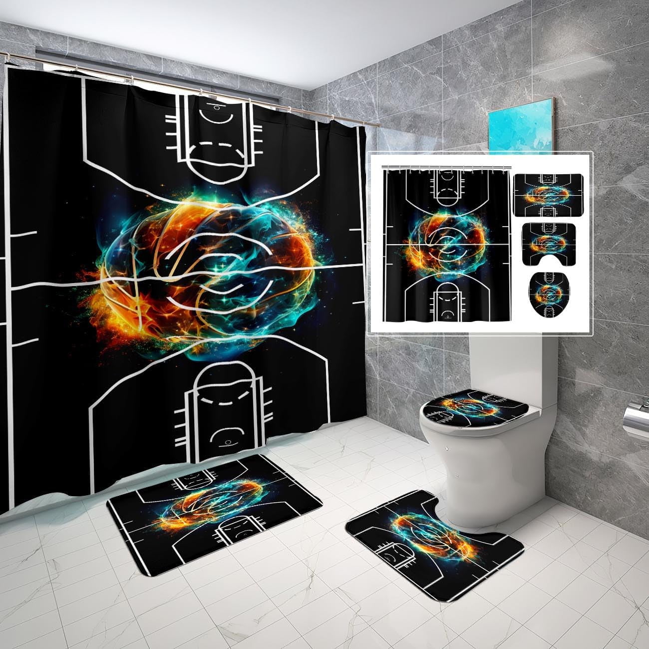 4PCS Boys Shower Curtain Set Basketball Sports Shower Curtain for